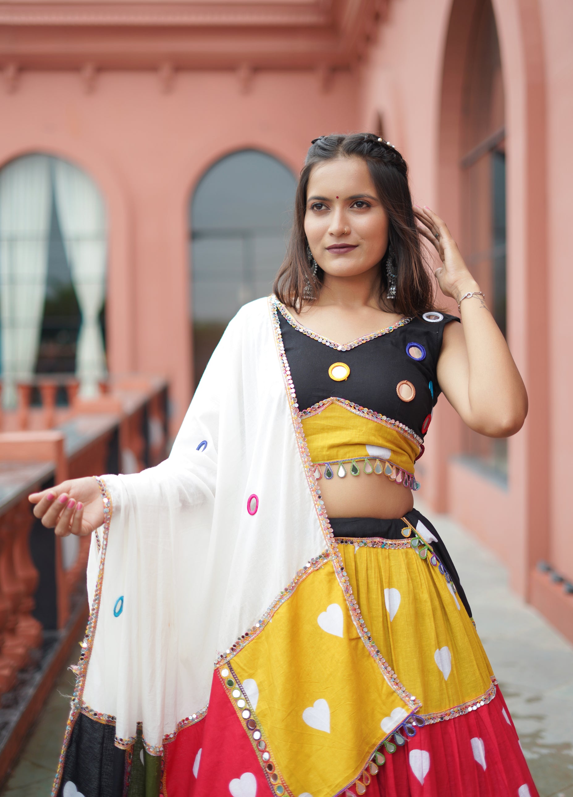 Multi Color Heart Printed Cotton Navratri Special Lehenga Choli