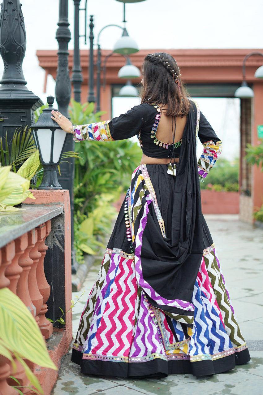 Black Color Leriya Printed Cotton Special Navratri Lehenga Choli