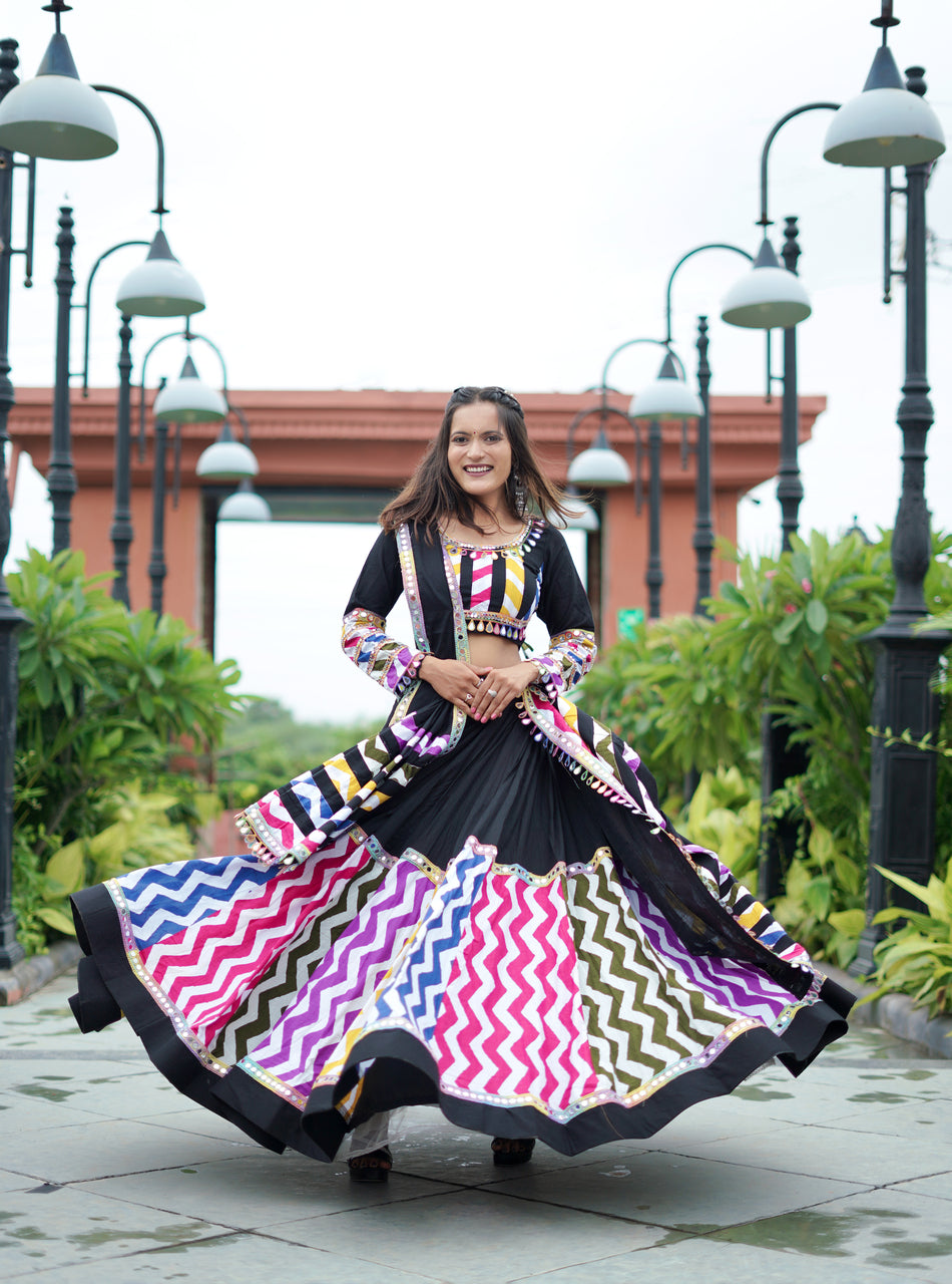 Black Color Leriya Printed Cotton Special Navratri Lehenga Choli