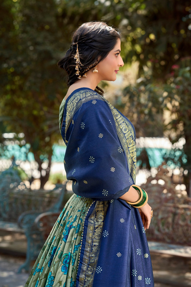 Gorgeous Nebula Color Tussar Silk Kalamkari Printed Wedding Special Lehenga Choli Set
