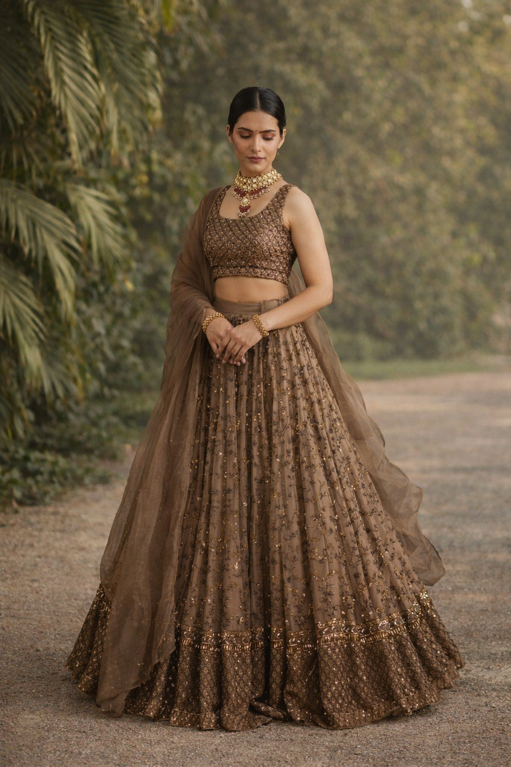 Golden Sequin Wedding Wear Net Lehenga for Women