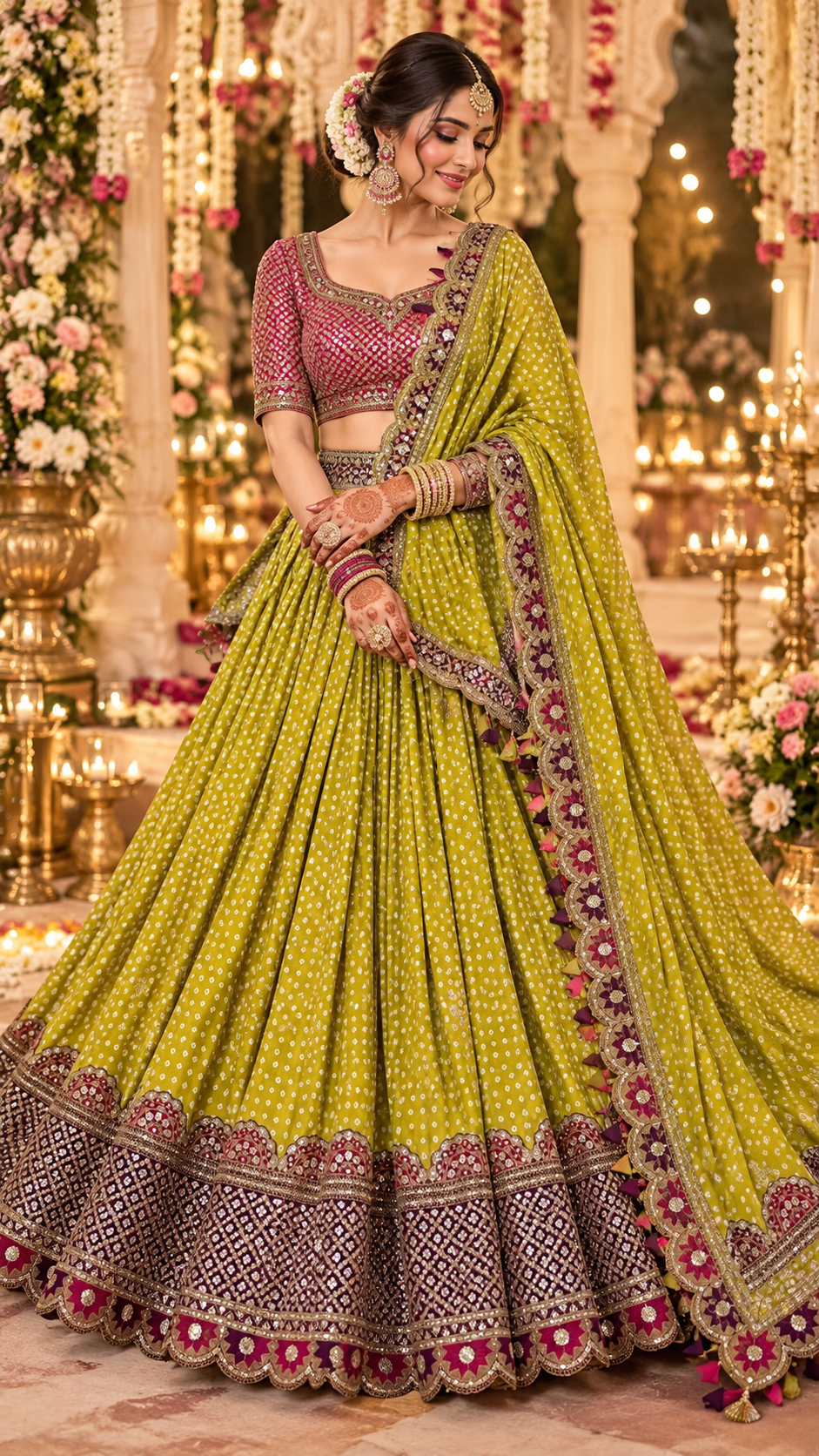 Lime Green & Pink Dot Printed Sequins Work Lehenga Choli