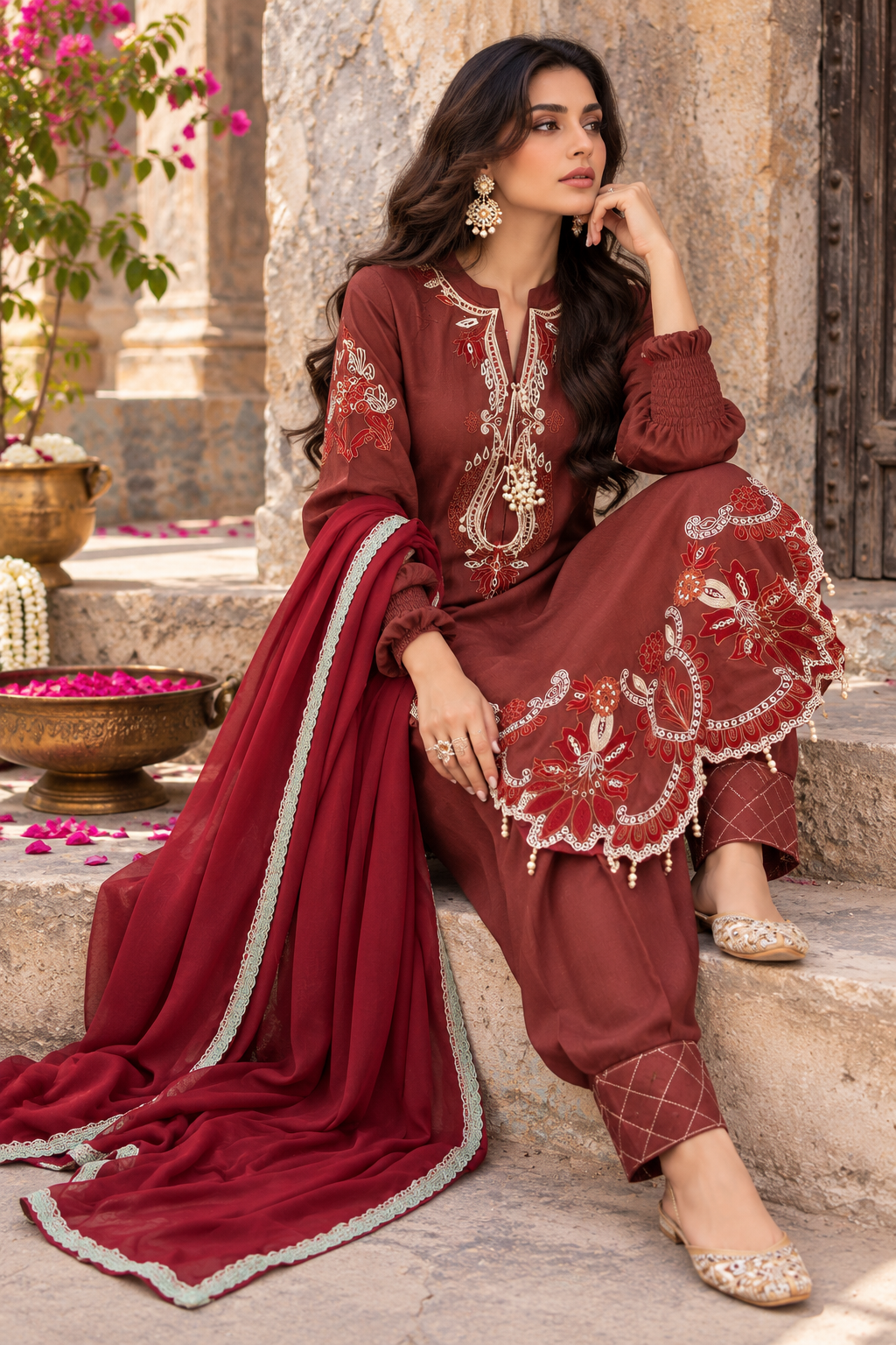 Dusty Rust Maroon Embroidered Patiyala Salwar Suit