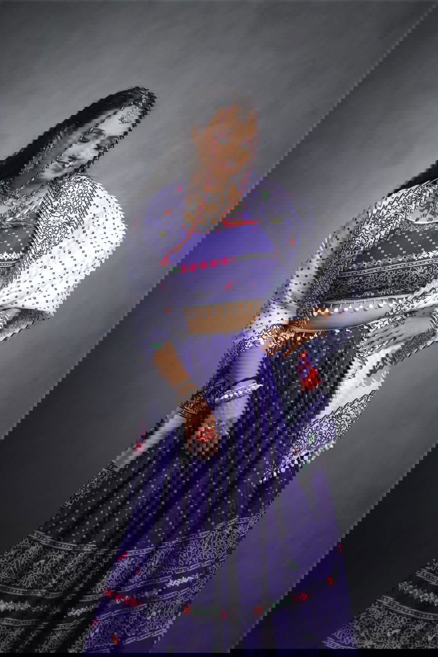 Violet Color Digital Printed Mirror Work Navratri Designer Lehenga - Ahesas