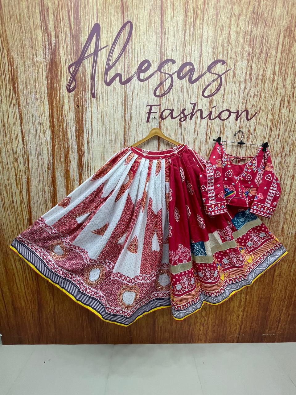 Red - White Mirror Work Designer Navratri Lehenga Choli