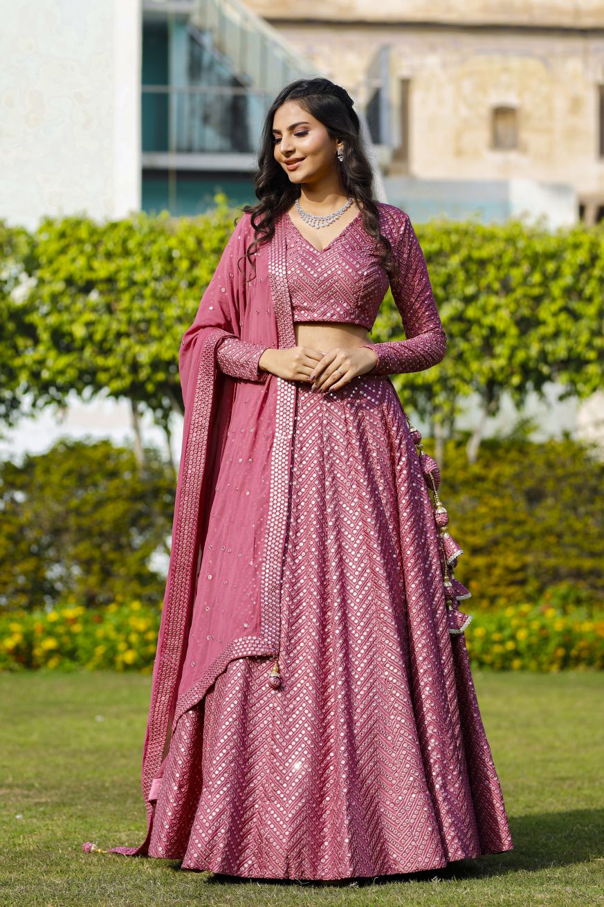 Pink Color Sequins Embroidery Work Designer Georgette Lehenga Choli