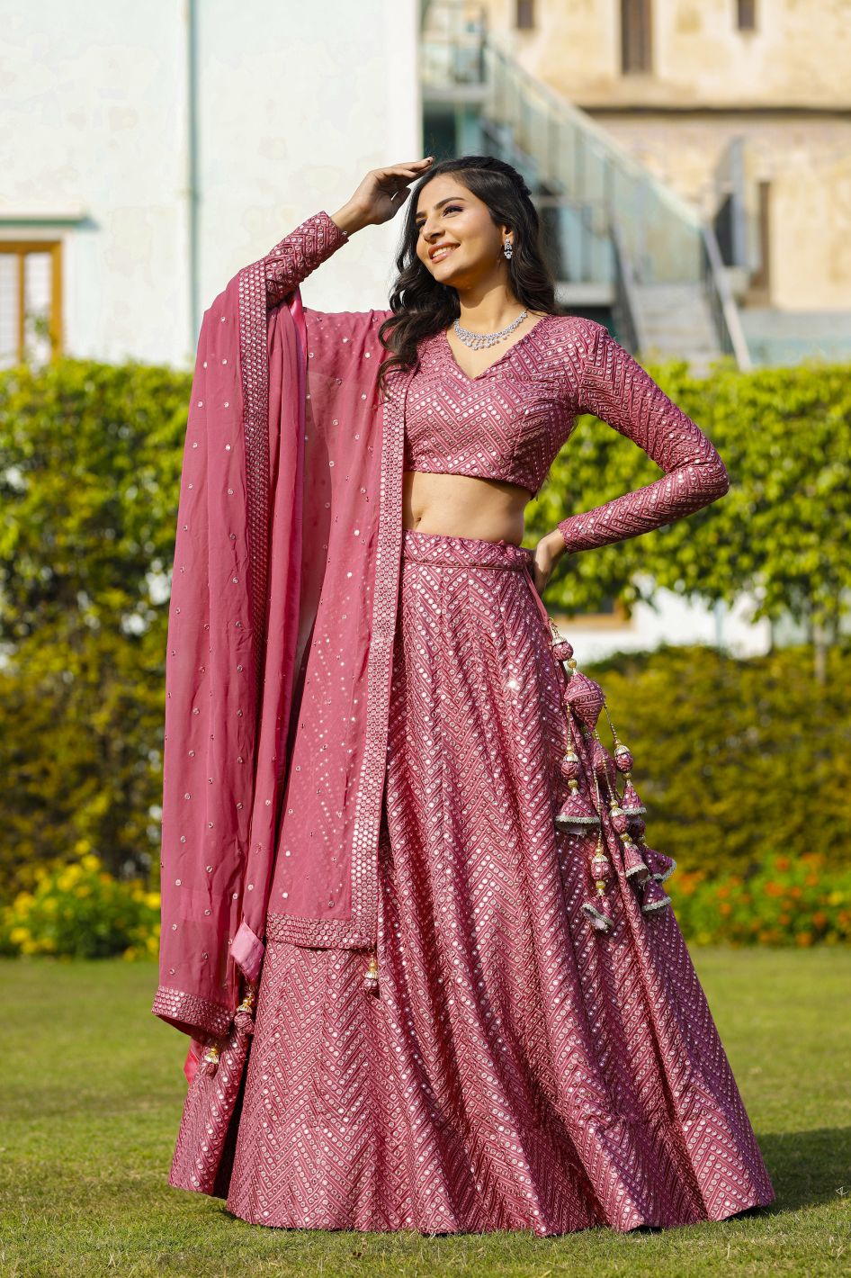 Pink Color Sequins Embroidery Work Designer Georgette Lehenga Choli