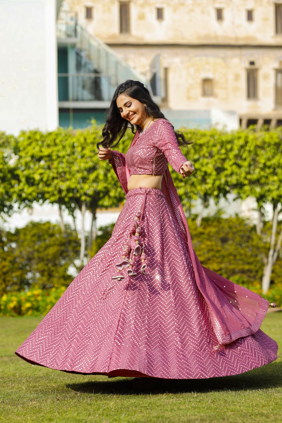 Pink Color Sequins Embroidery Work Designer Georgette Lehenga Choli