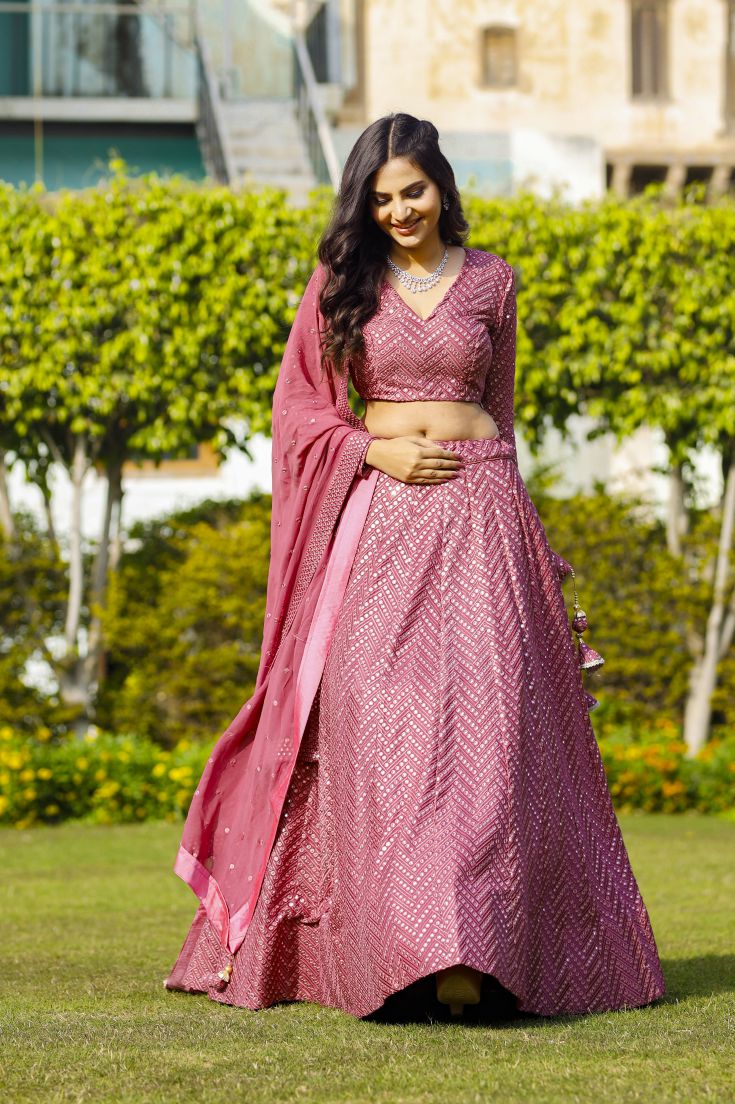 Pink Color Sequins Embroidery Work Designer Georgette Lehenga Choli
