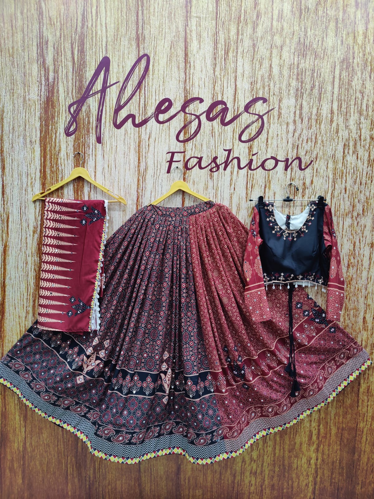 Multi Color Muslin Ajrak Print & Mirror Work Lehenga Choli Set