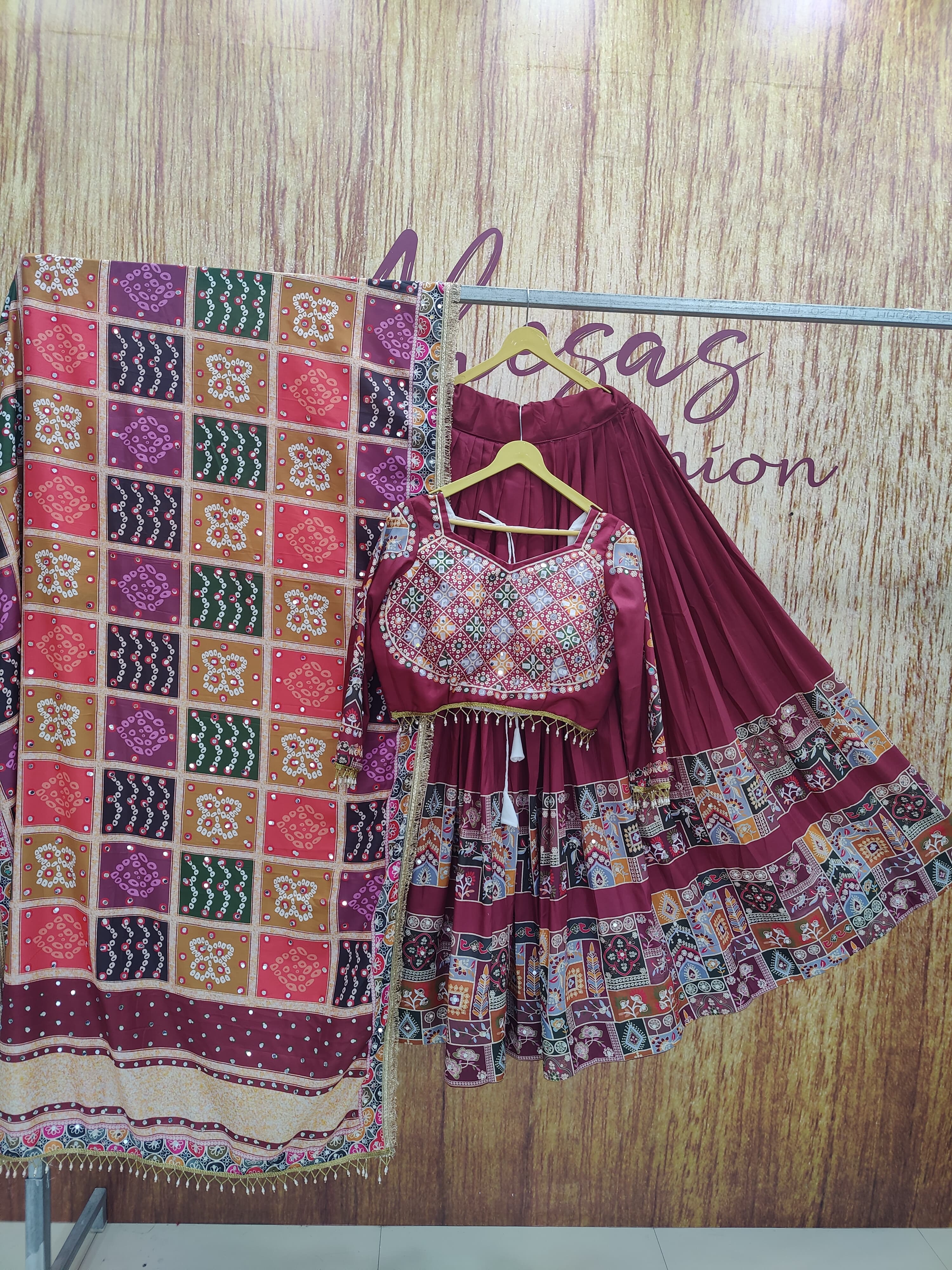 Red Color Mirror Work Digital Printed Lehenga Choli