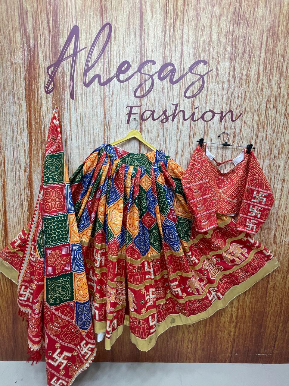 Multi Bandhej Print Mirror Work Navratri Lehenga Choli