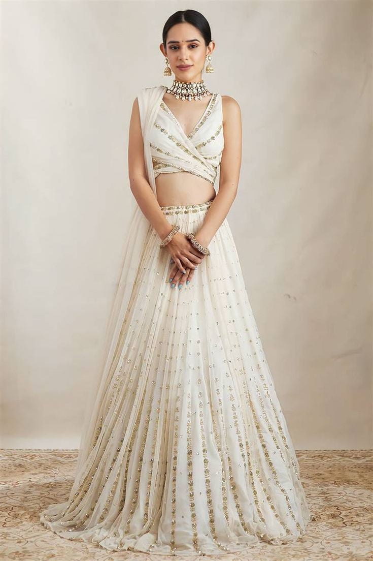 White Color Sequins Embroidery Work Designer Georgette Lehenga Choli