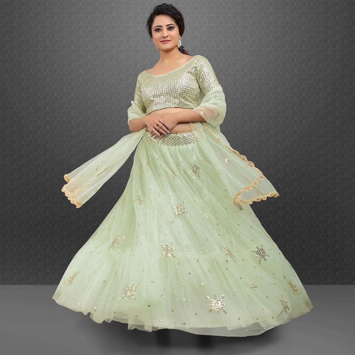 Pista Green Color Sequins Embroidery Work Net Designer Lehenga