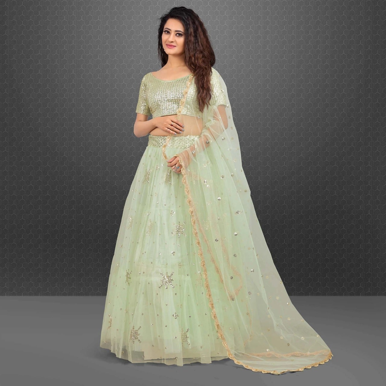 Pista Green Color Sequins Embroidery Work Net Designer Lehenga