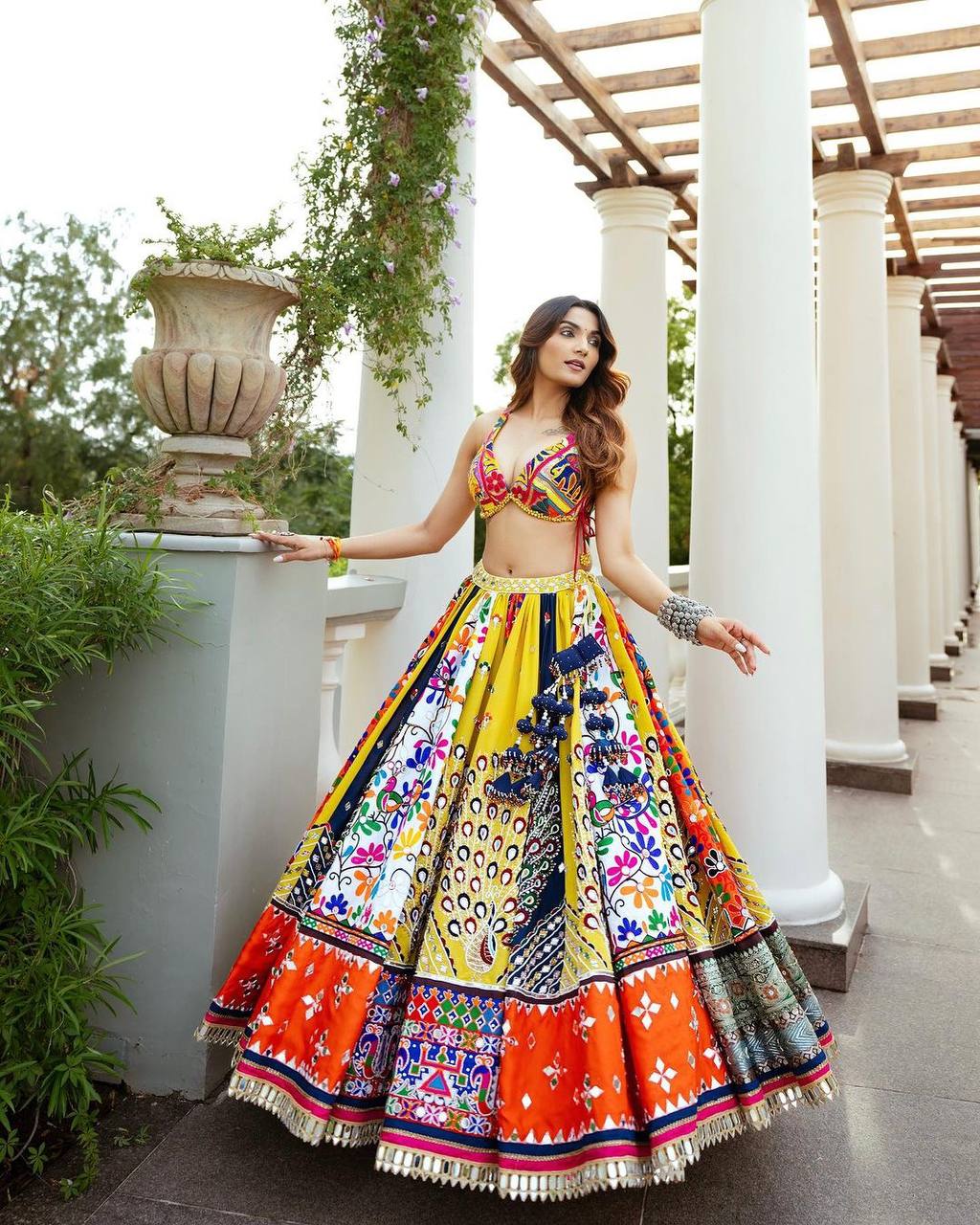 Yellow Mirror Work Megic Navratri Lehenga Choli.
