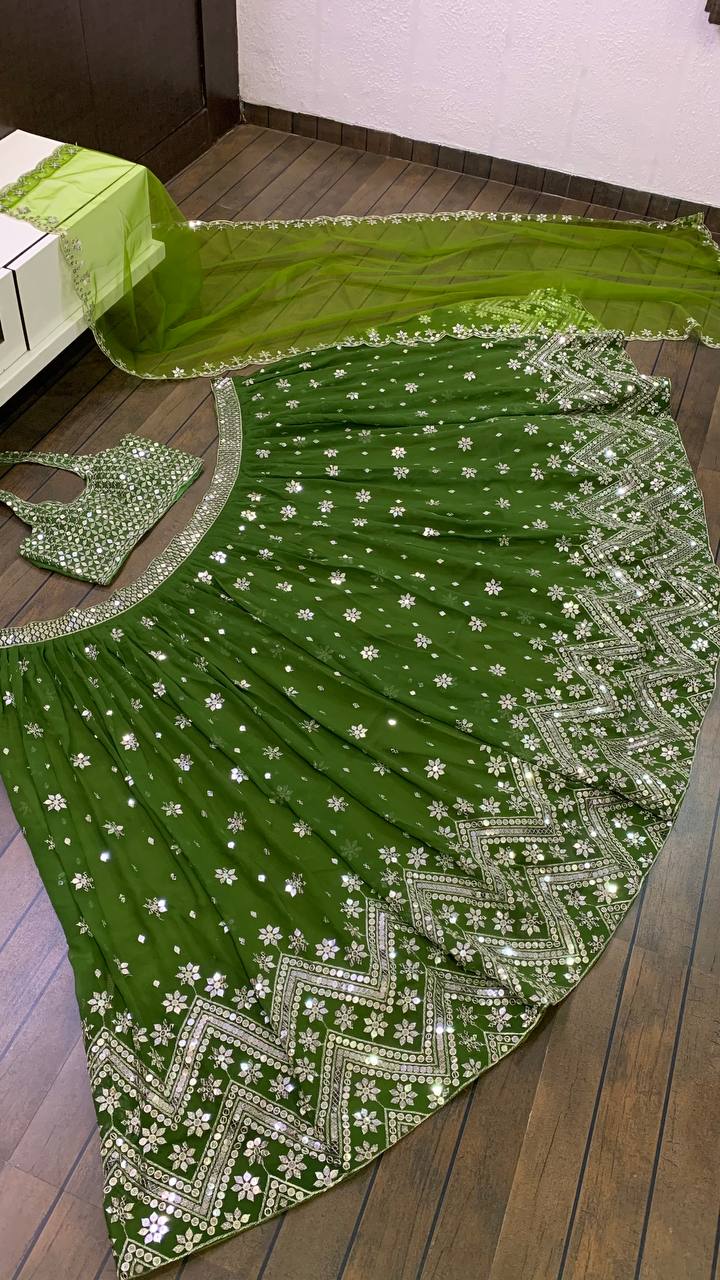 Green Color Zari with Sequience Work Designer Party Wear Lehenga Choli