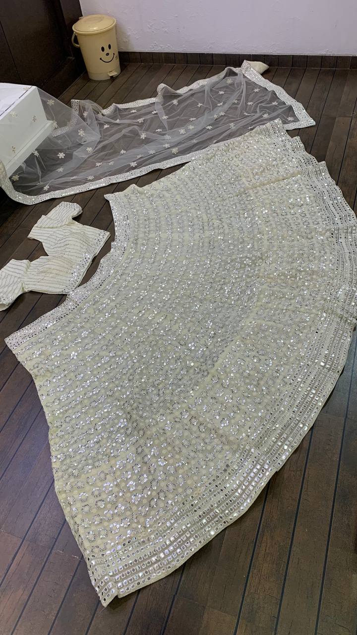 White Color Heavy Thread With Papper Mirror Work Designer Lehenga Choli