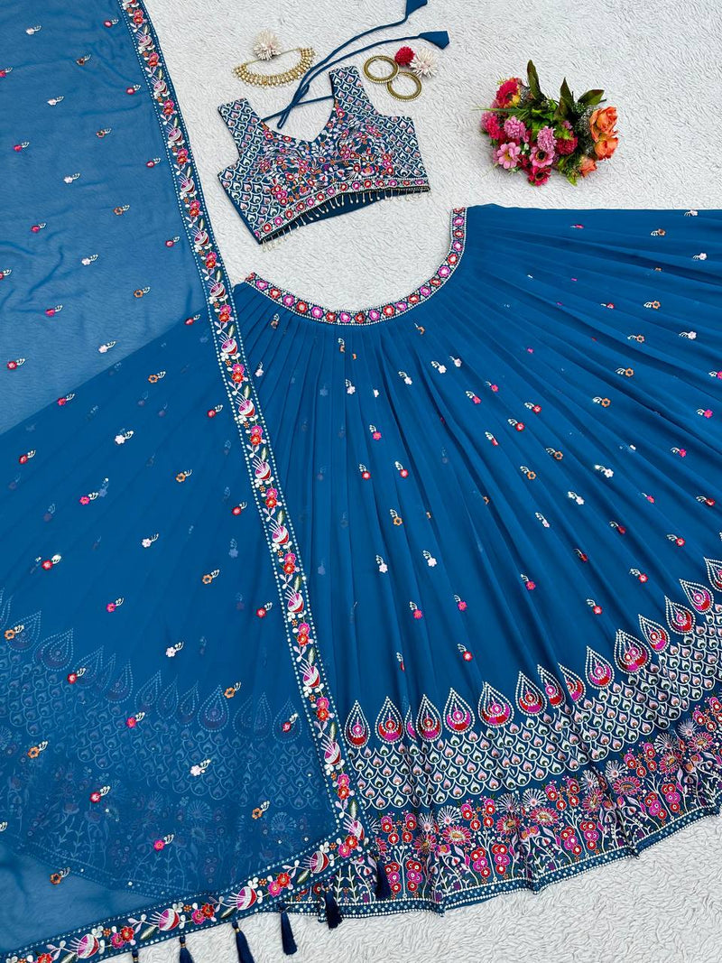 Blue Color Georgette  Wedding Special Lehenga Choli Set With  Sequence With Thread Work