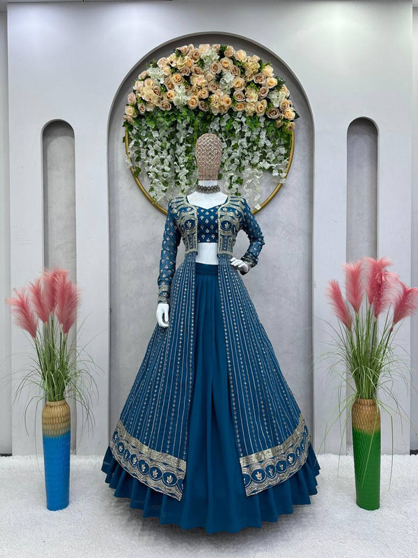 Rama Color Foux Georgette Wedding Special Lehenga Choli Set With Shrug Thread And Sequence Work