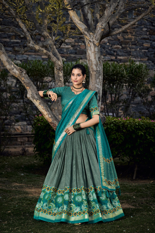 Green Color Floral And Foil Printed Tussar Silk Wedding Special Lehenga Set