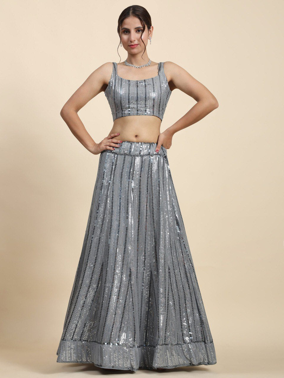 Gray Color Heavy Sequins Georgette Bollywood Designer Lehenga Choli