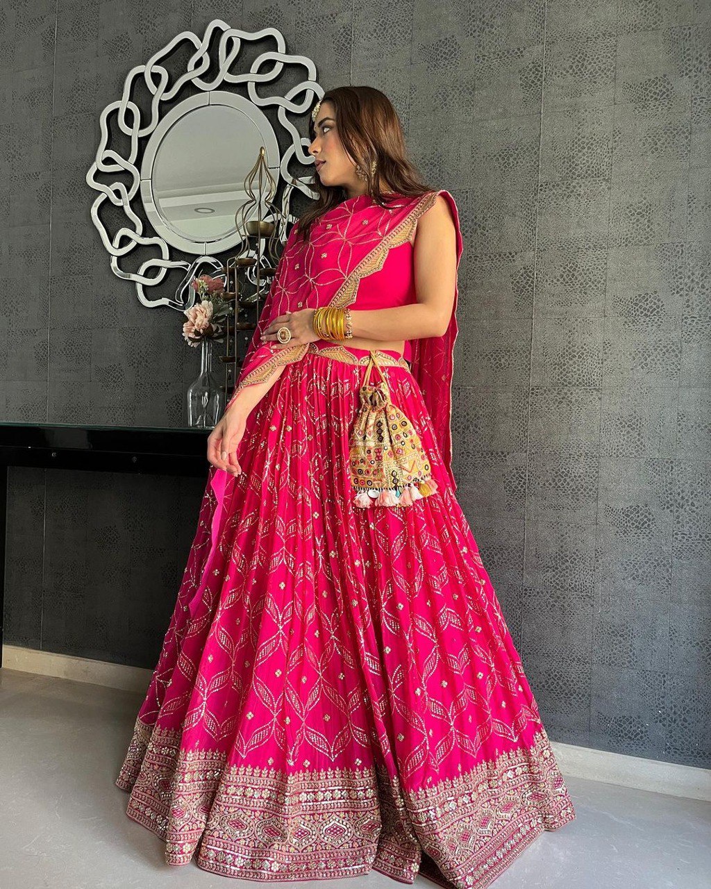 Pink Color Heavy Sequins Embroidery Work Designer Lehenga
