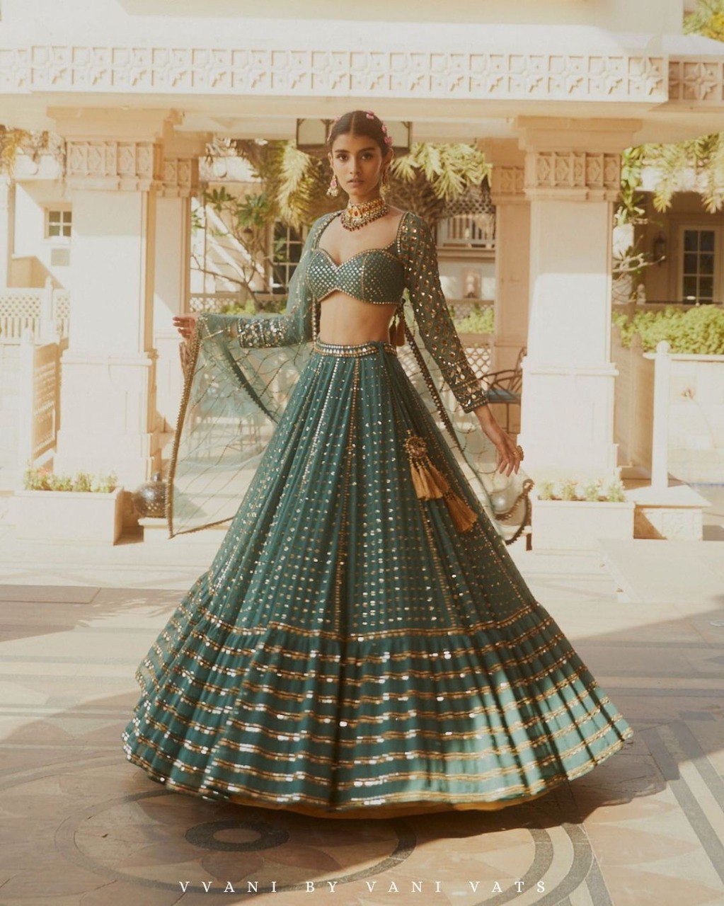 Green Embroidery Sequin Wedding Wear Lehenga for Women