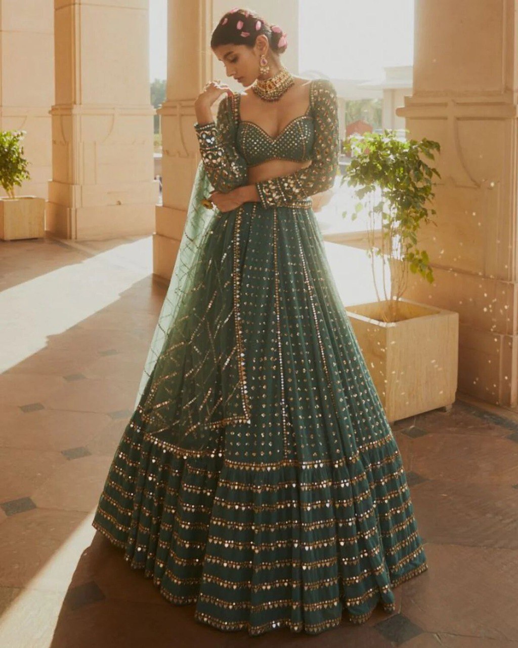 Green Embroidery Sequin Wedding Wear Lehenga for Women