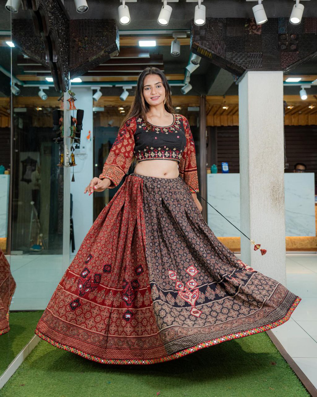 Multi Color Muslin Ajrak Print & Mirror Work Lehenga Choli Set