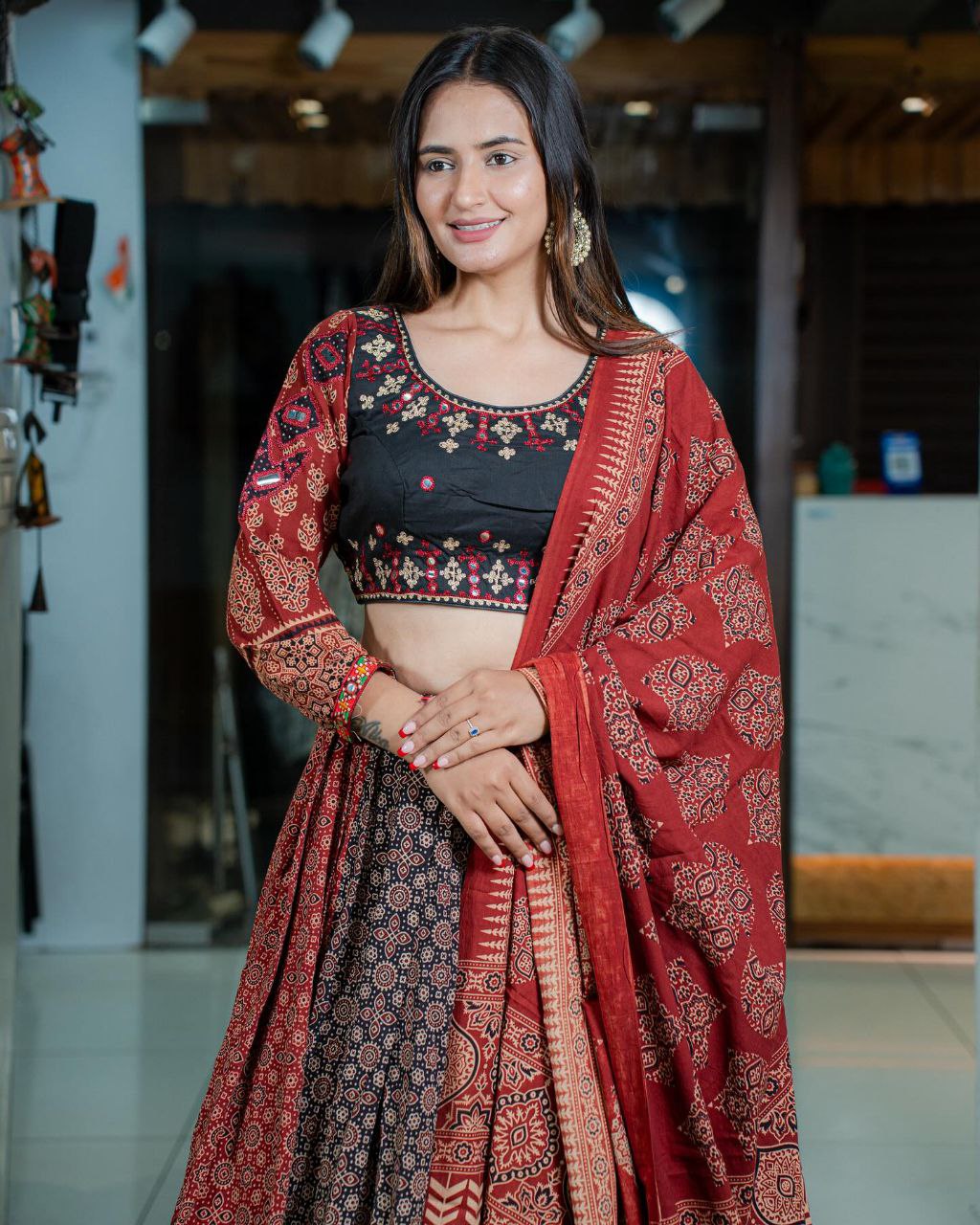 Multi Color Muslin Ajrak Print & Mirror Work Lehenga Choli Set