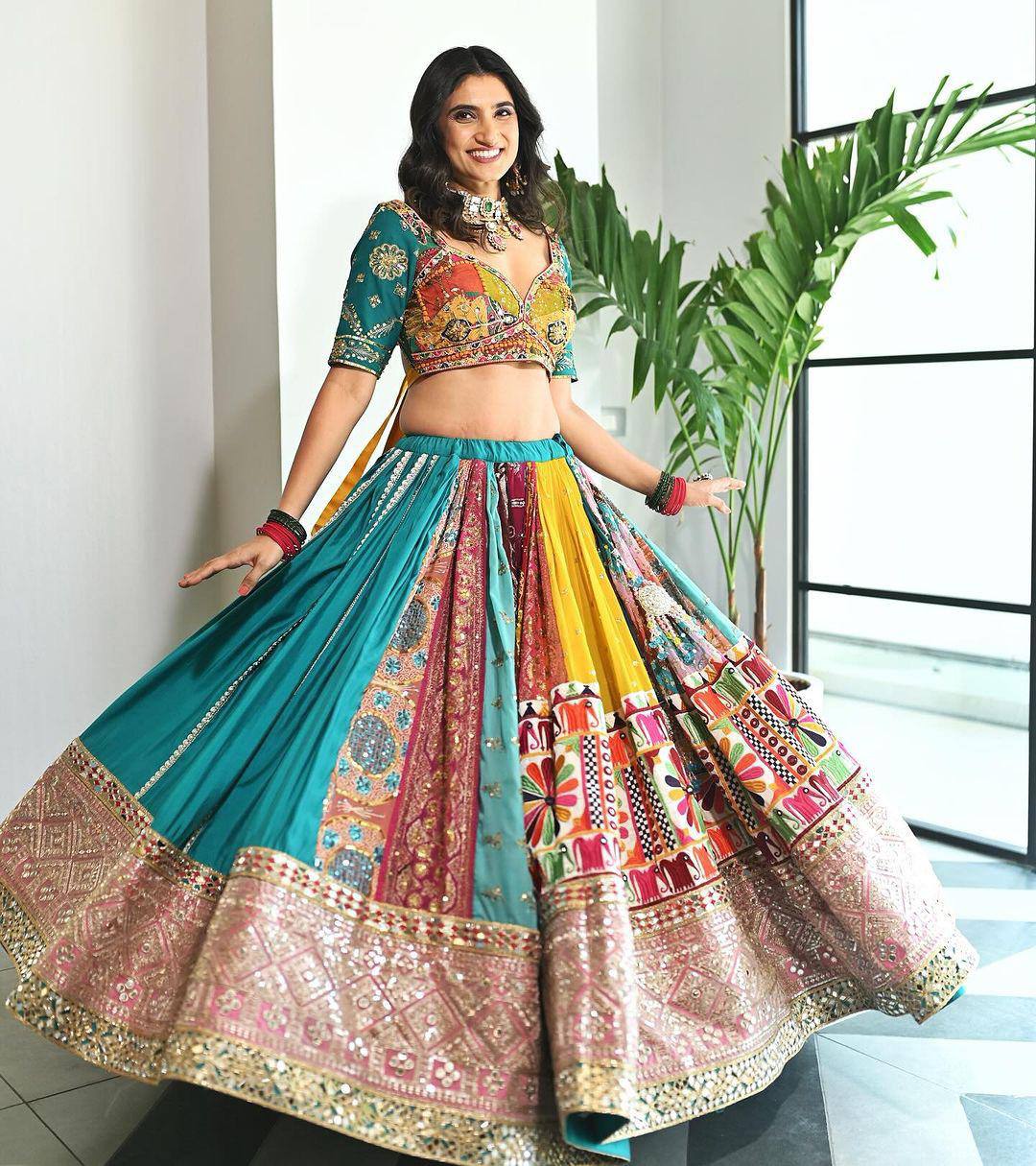 Skyblue Color Digital Printed Mirror Work Navratri Lehenga Choli