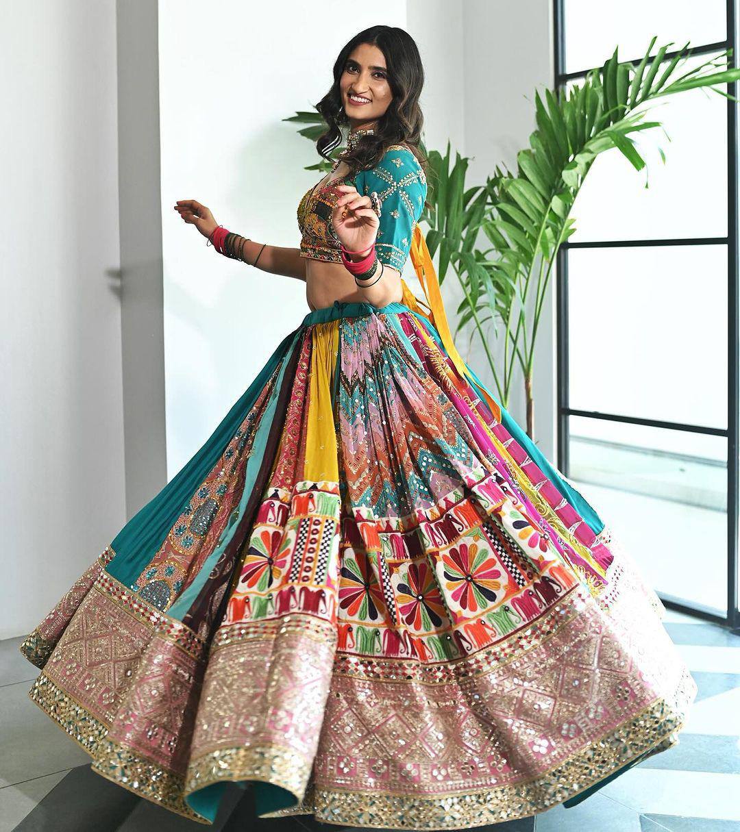 Skyblue Color Digital Printed Mirror Work Navratri Lehenga Choli