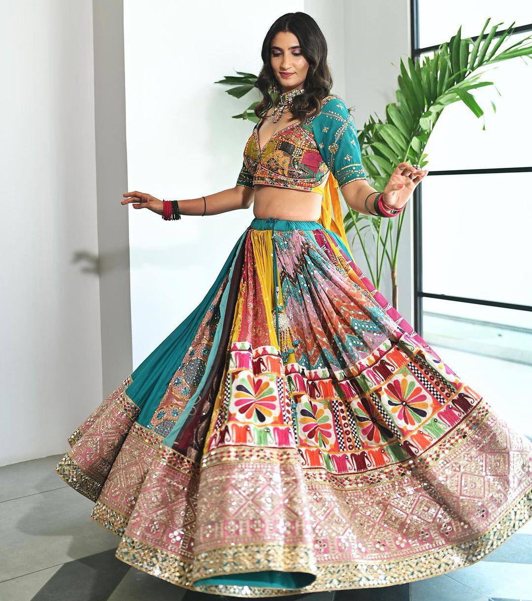 Skyblue Color Digital Printed Mirror Work Navratri Lehenga Choli