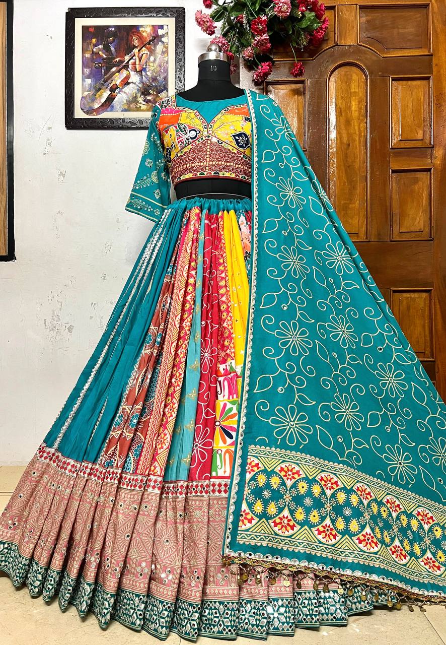 Skyblue Color Digital Printed Mirror Work Navratri Lehenga Choli