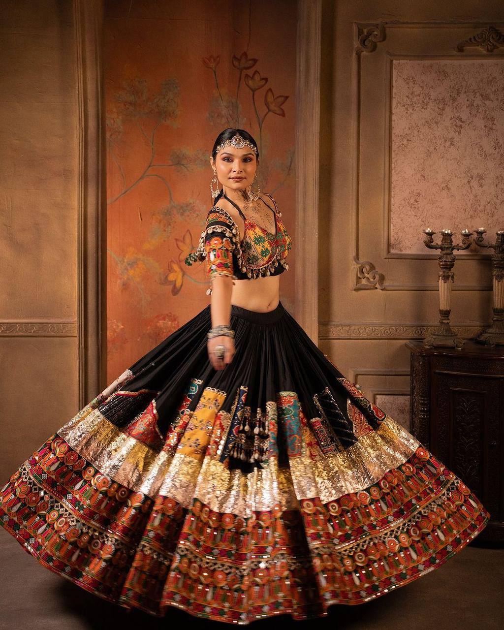 Black Color Digital Printed Mirror Work Chaniya Choli