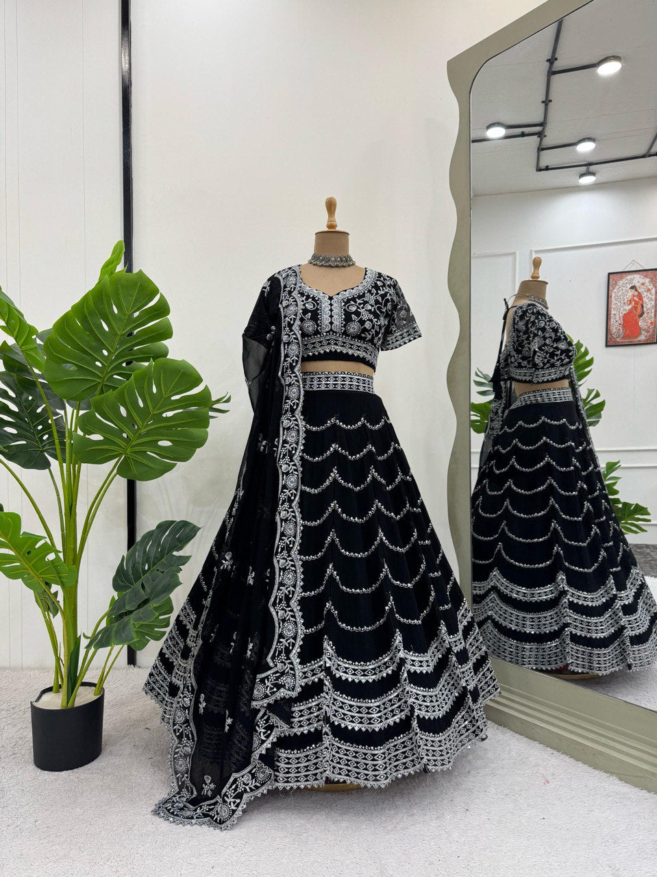 Black Color Wedding Wear Thread With Sequins Work Georgette Lehenga Choli