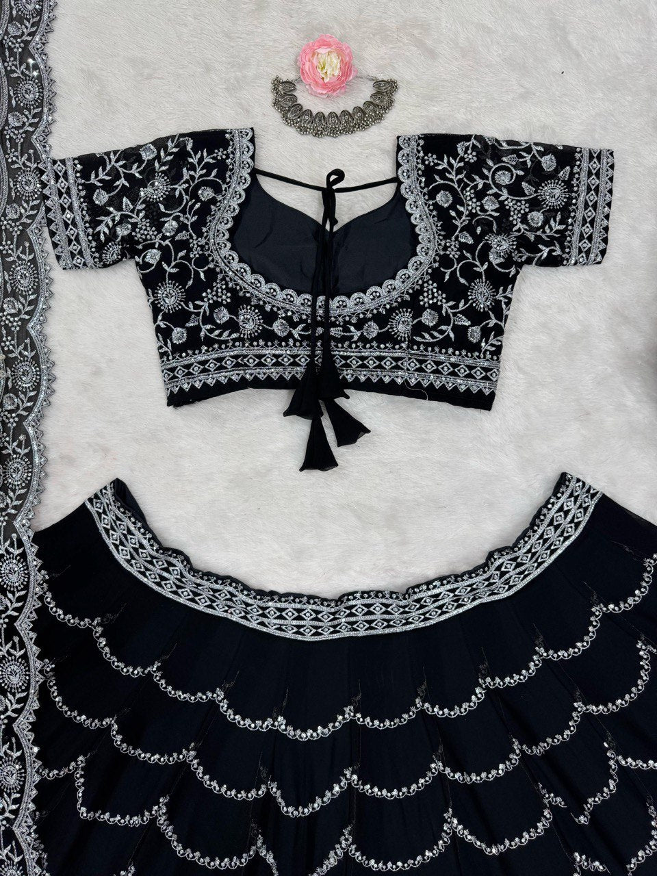 Black Color Wedding Wear Thread With Sequins Work Georgette Lehenga Choli