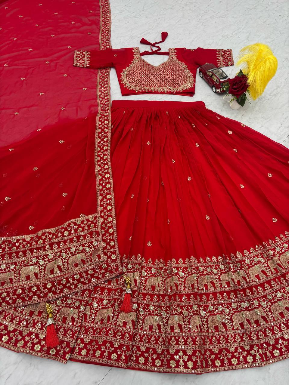 Red Color Embroidery Thread with Sequins Work Designer Lehenga Choli