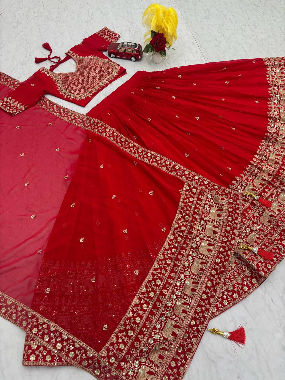 Red Color Embroidery Thread with Sequins Work Designer Lehenga Choli