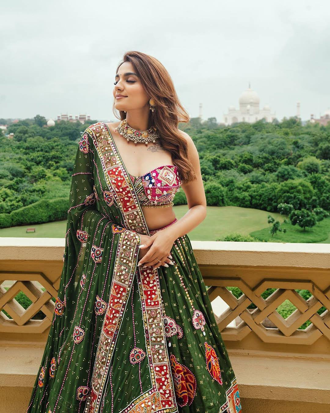 Green Color Digital Print with Mirror Work Designer Navratri Lehenga Choli