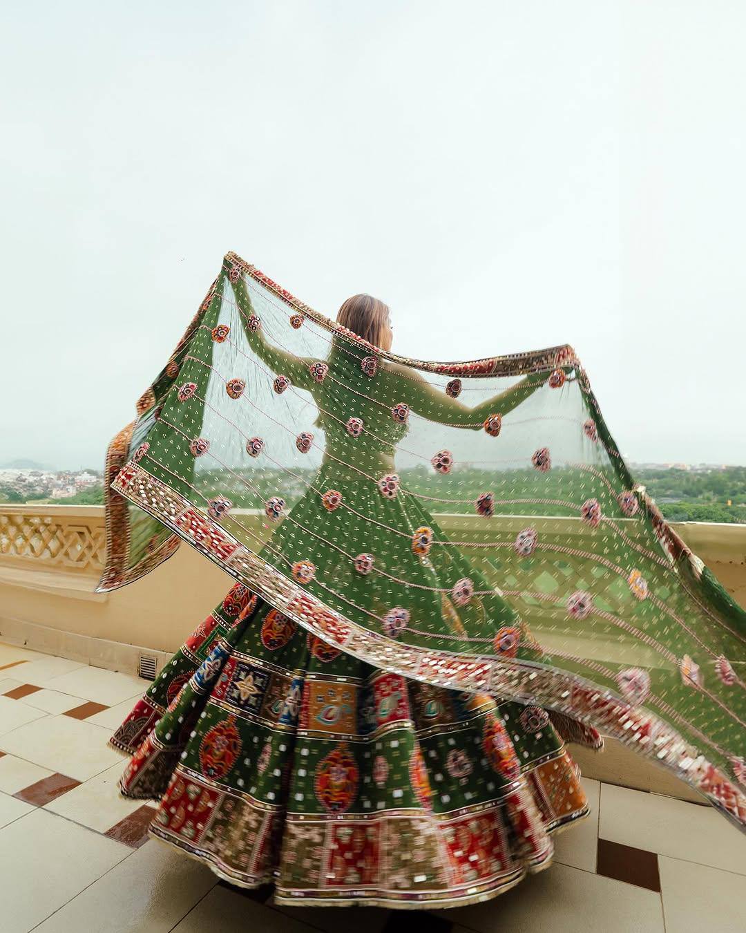 Green Color Digital Print with Mirror Work Designer Navratri Lehenga Choli