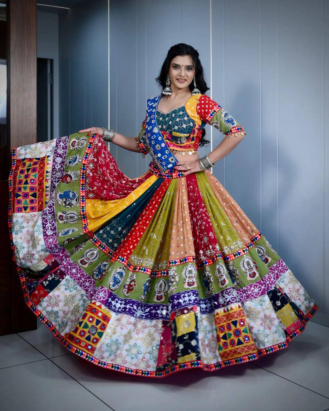 Multi Color Digital Print with Mirror Work Designer Navratri Lehenga Choli
