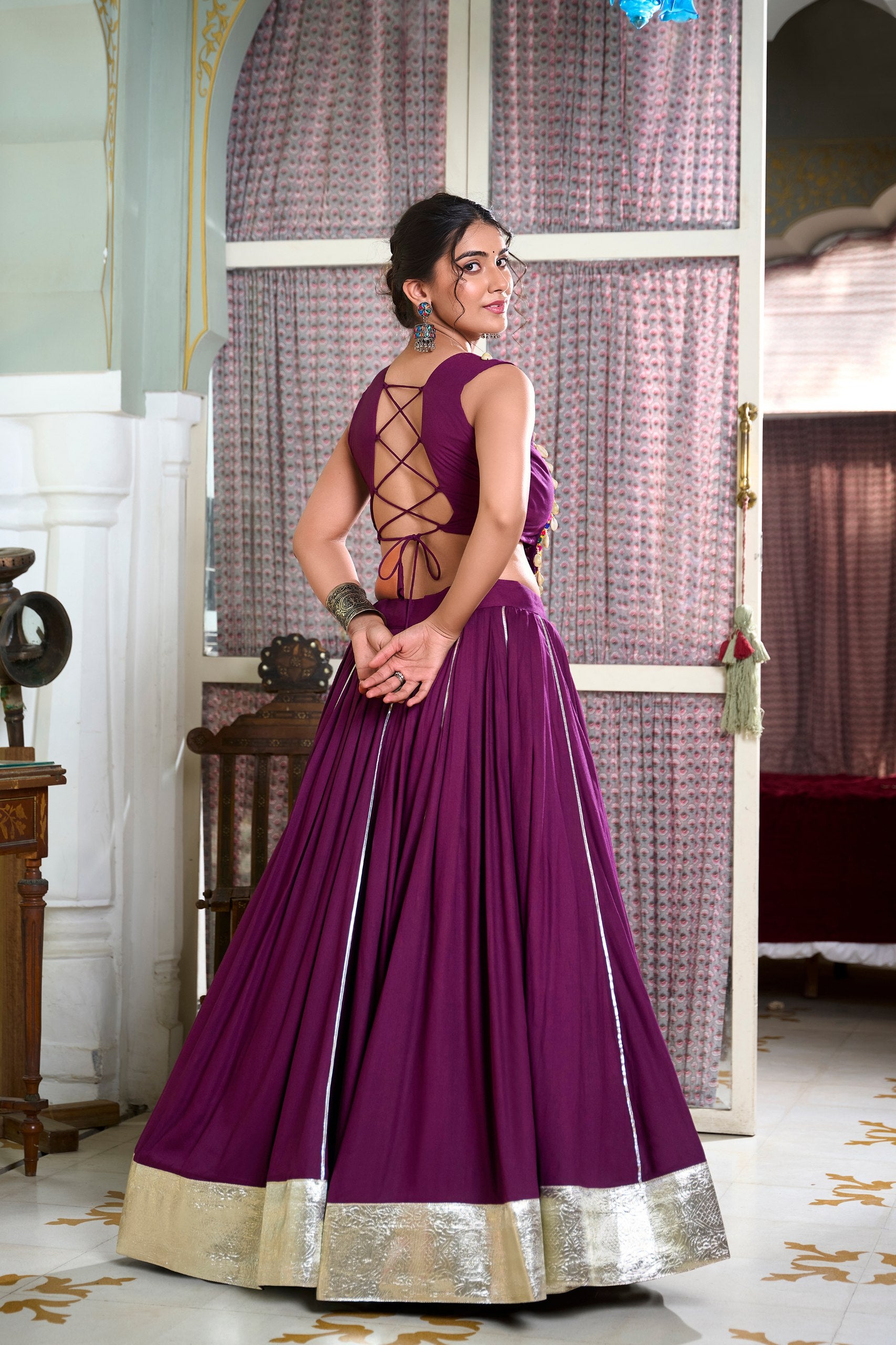 Wine Color Rayon Gamthi Work Navratri Lehenga Choli