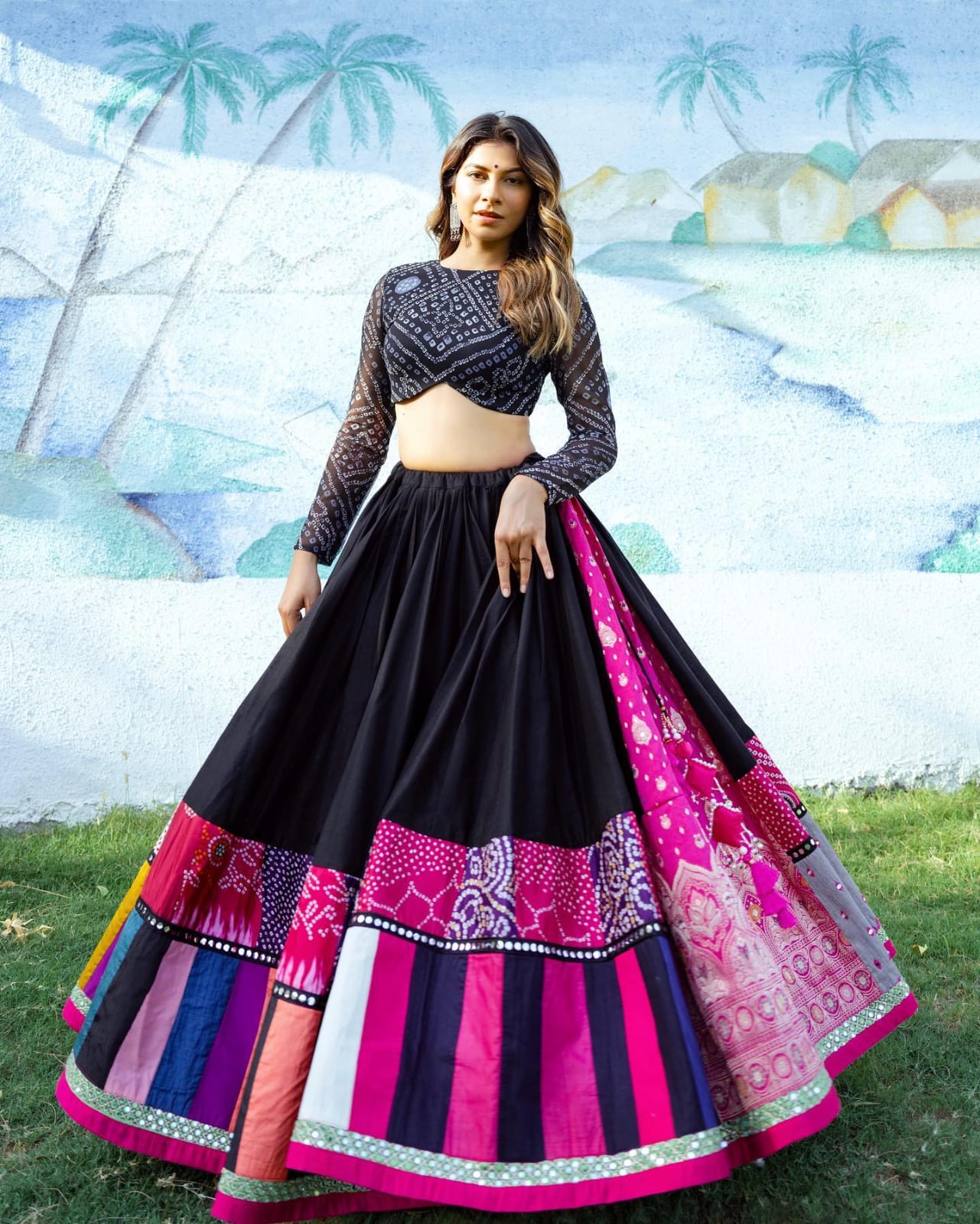 Black Color Digital Printed with Mirror Work Navratri Chaniya Choli