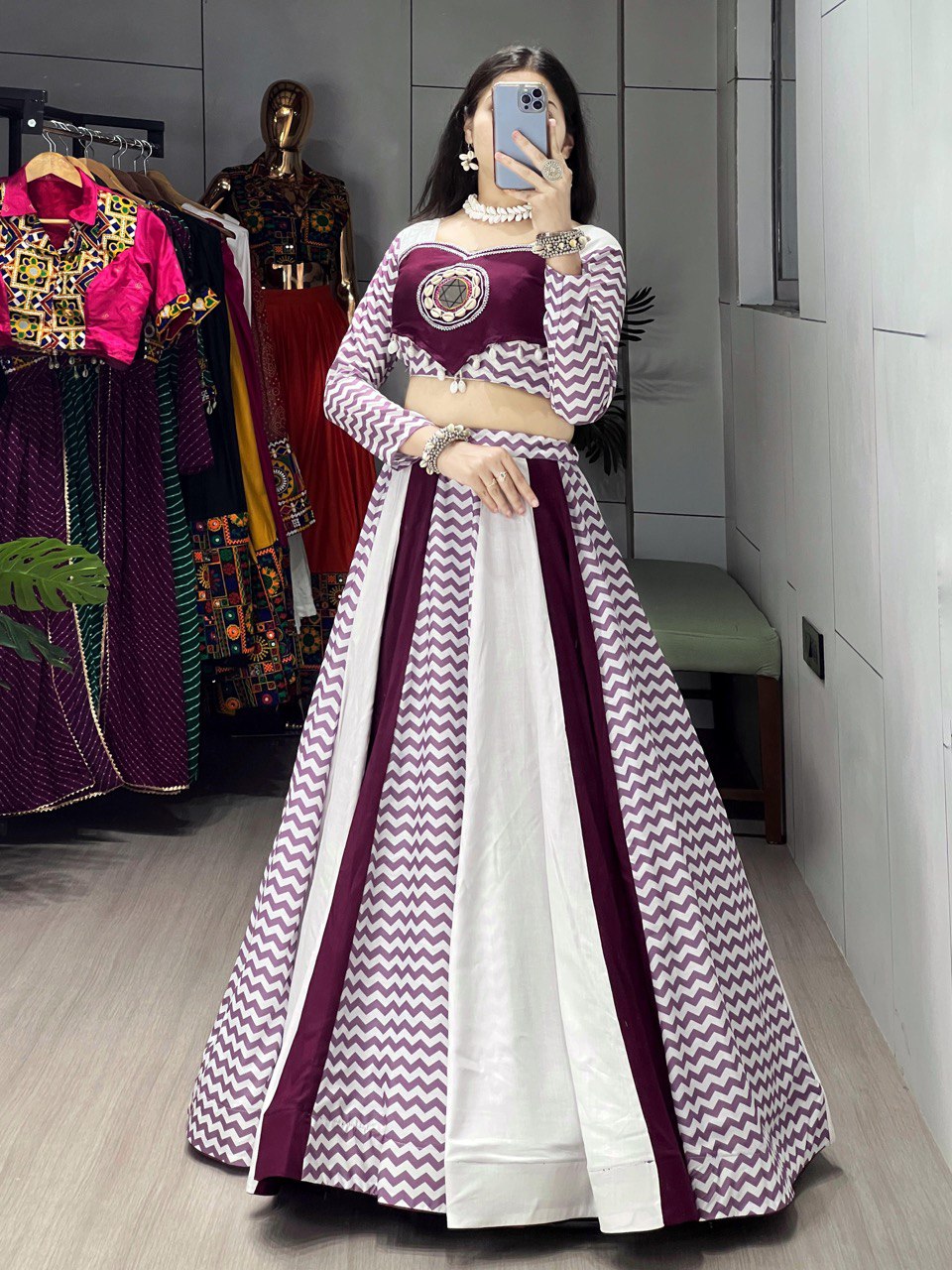 Wine Color Rayon Pure Cotton with Mirror Work Designer Navratri Lehenga Choli