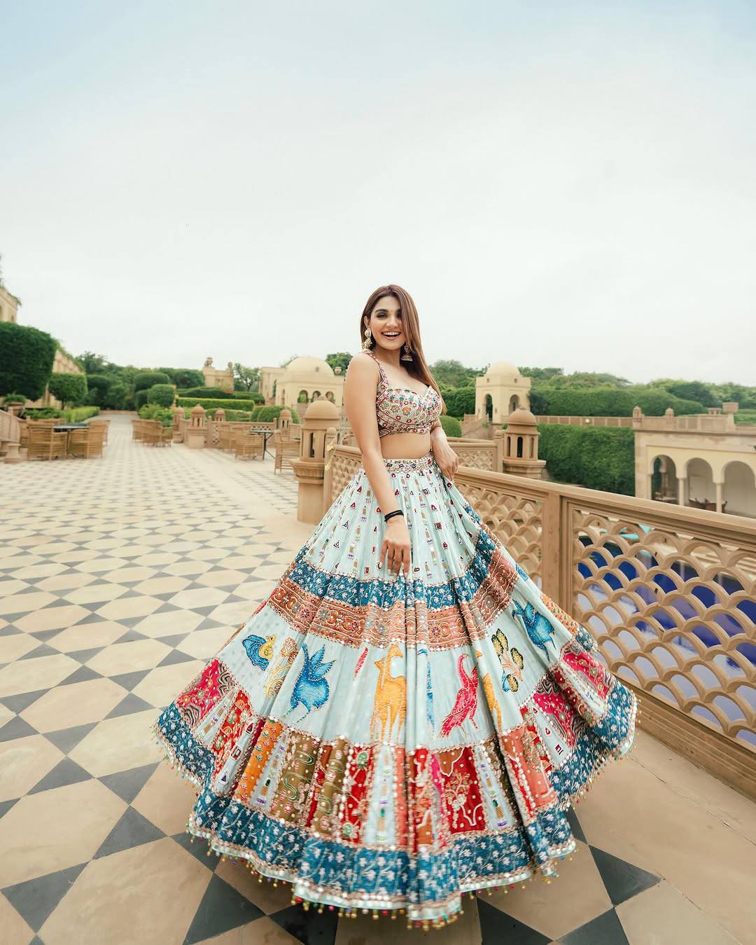 Sky-Blue Color Digital Printed Muslin Cotton Navratri Lehenga Choli