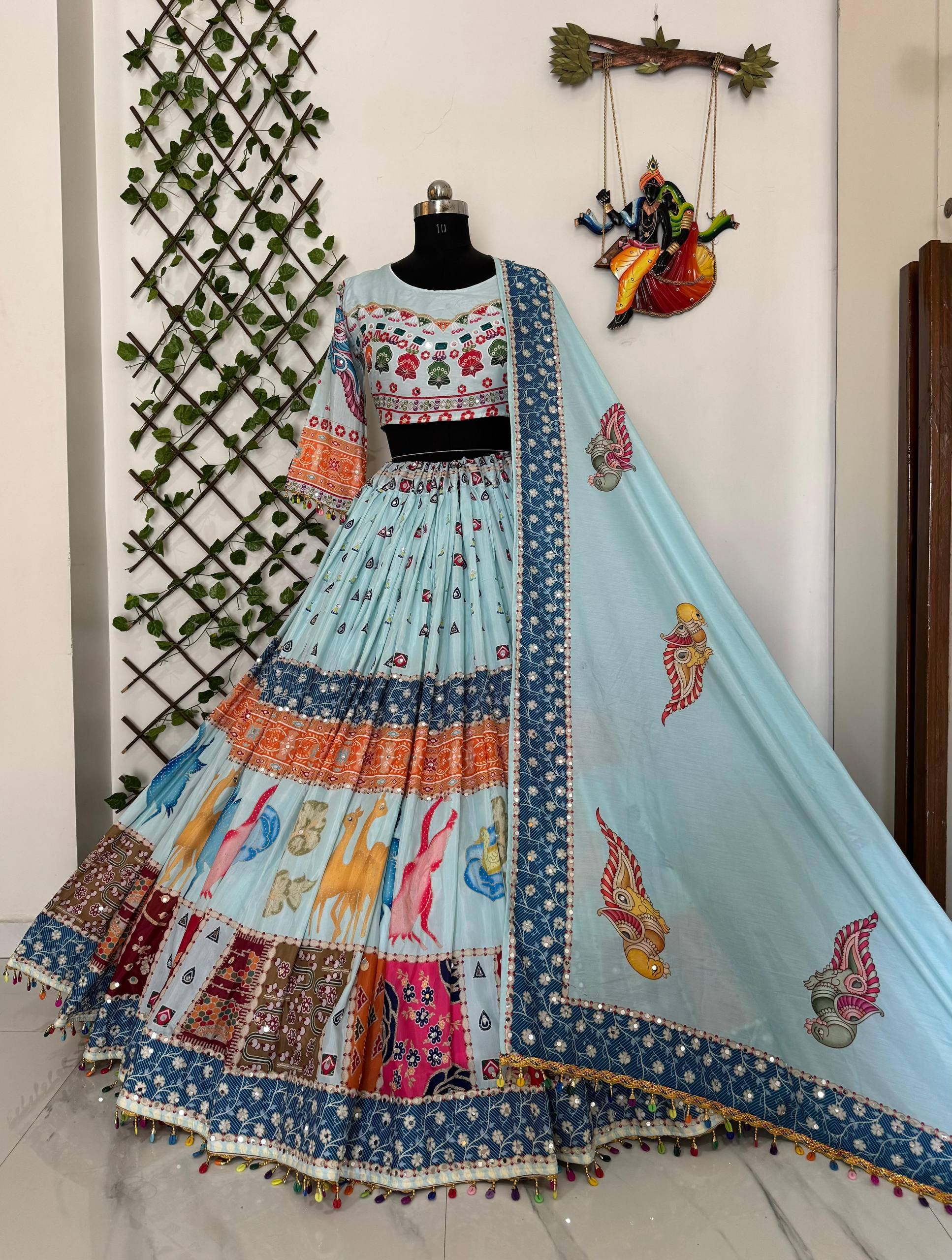 Sky-Blue Color Digital Printed Muslin Cotton Navratri Lehenga Choli