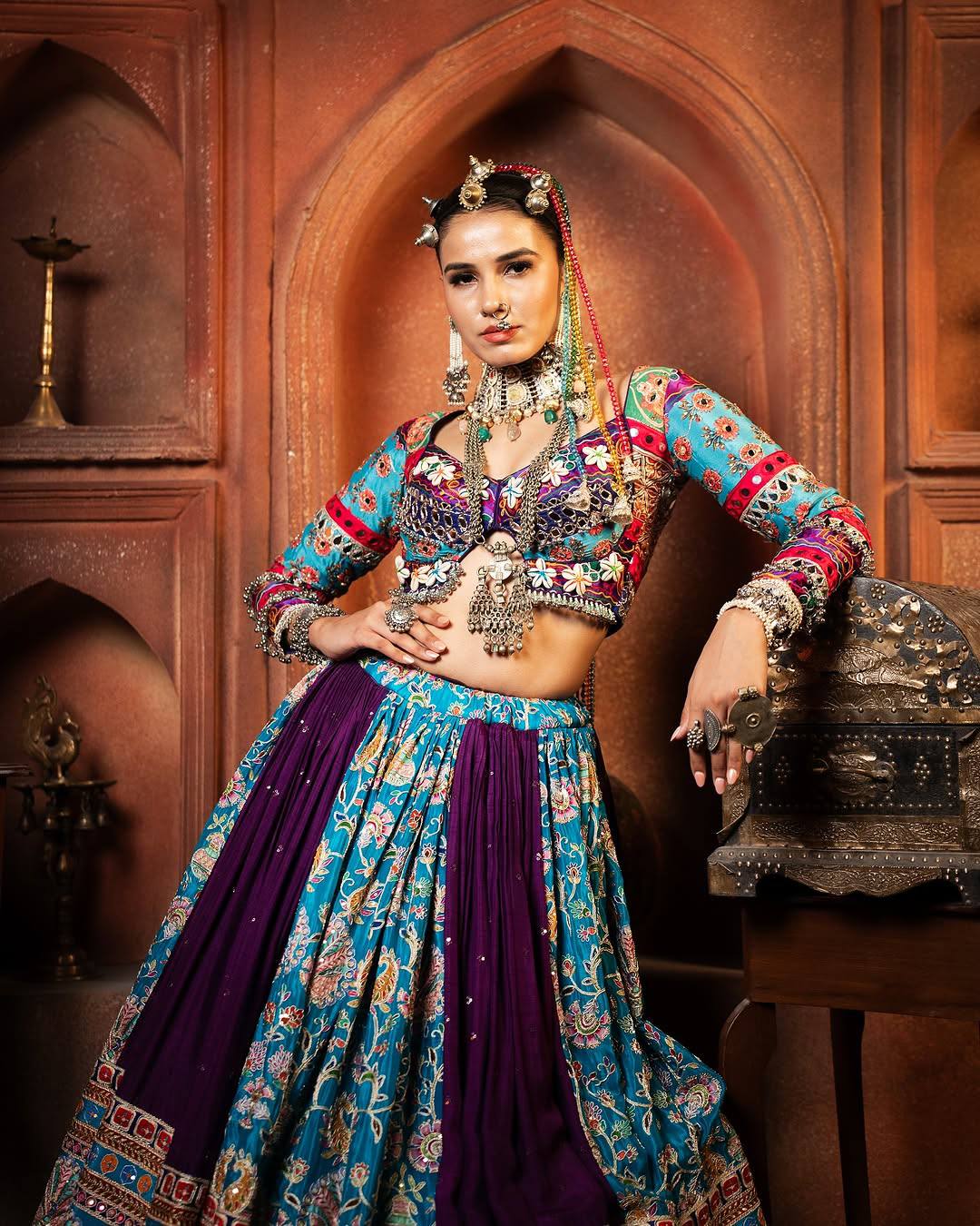 Sky-Purple Color Digital Printed Muslin Cotton Navratri Lehenga Choli