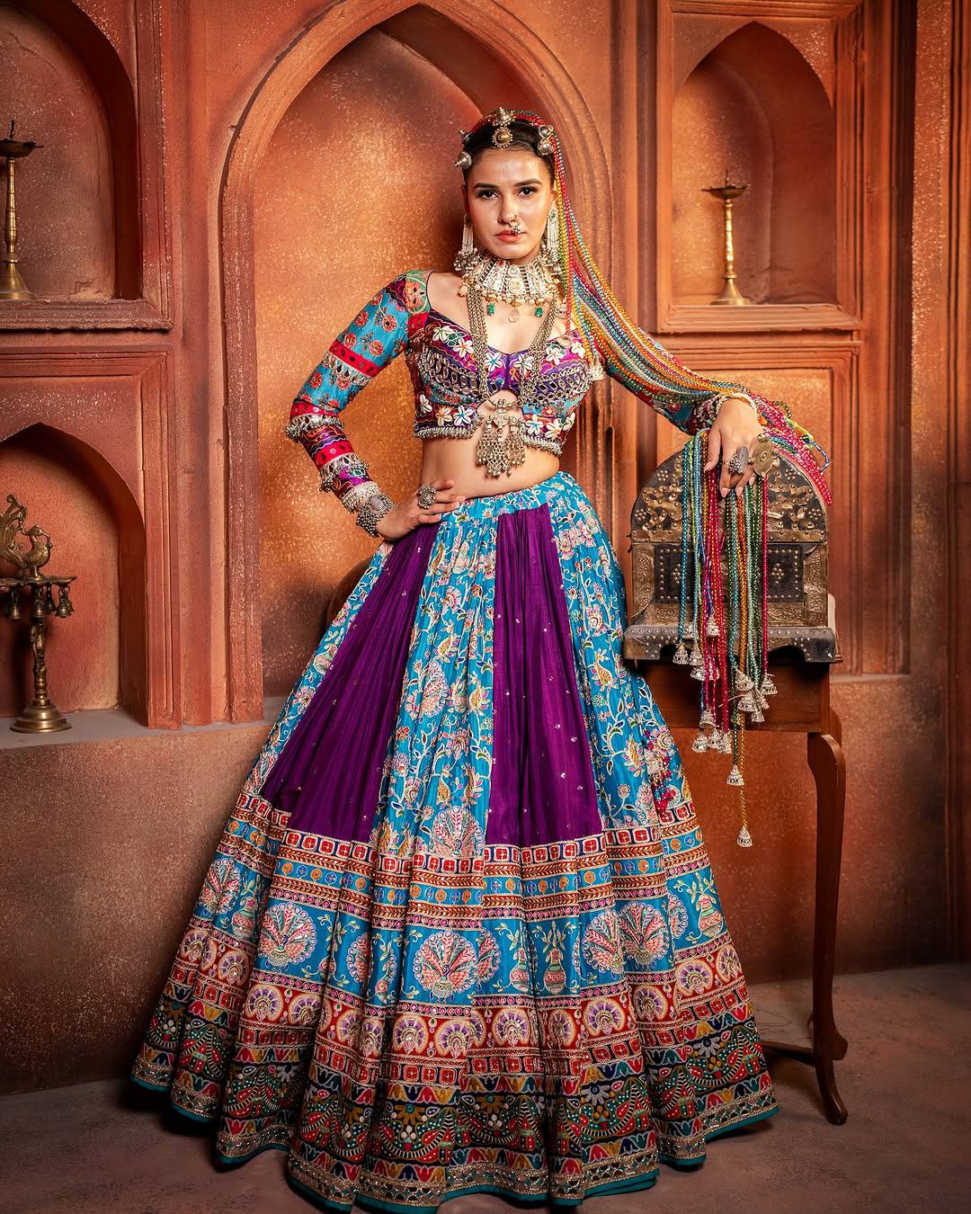 Sky-Purple Color Digital Printed Muslin Cotton Navratri Lehenga Choli